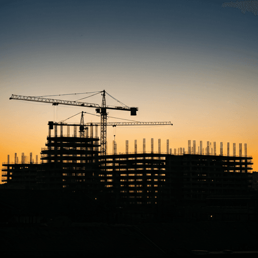 Construction site with cranes at dusk