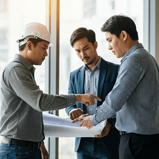 Team of engineers discussing blueprints on a construction site